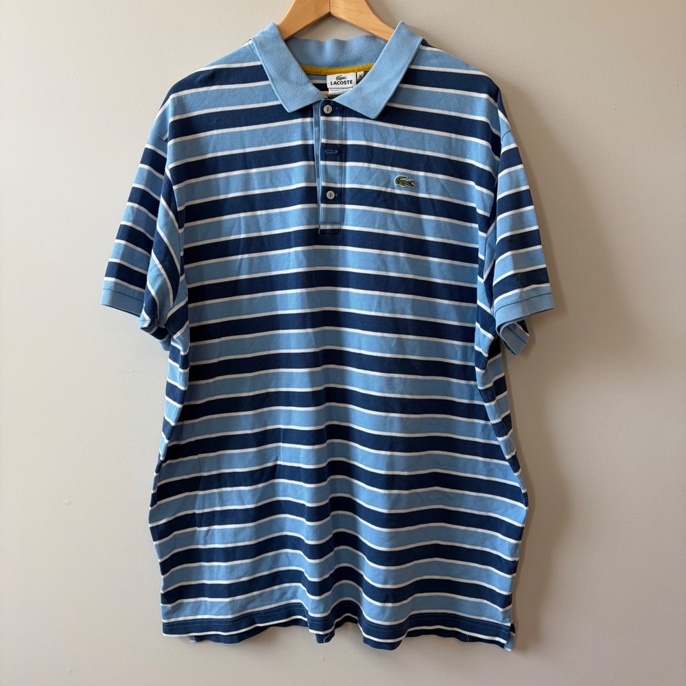 Lacoste Mens Blue Striped Pique Polo Shirt Short Sleeve Size 9L